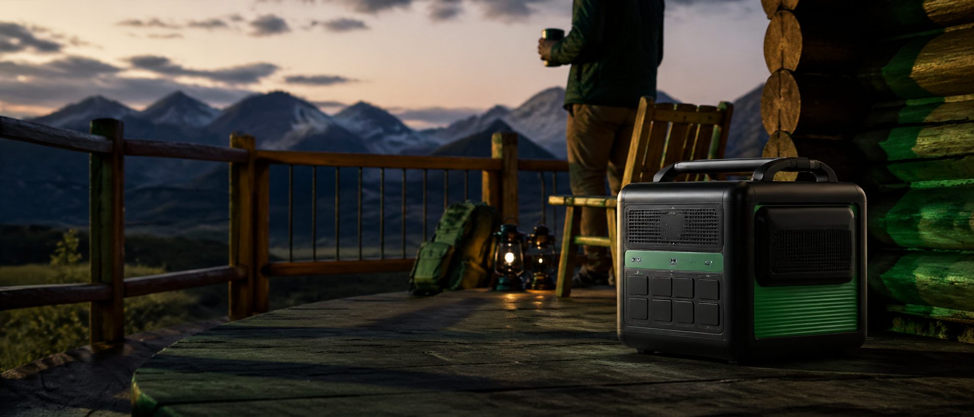 portable solar power station on off-grid cabin porch at dusk with natural mountain backdrop, OffGridVault brand imagery